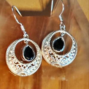🔥CUTE, TEARDROP SHUNGITE SHAPE, IN A FILIGREE, STERLING  DROP, EARRINGS. 1.11"